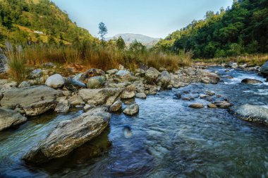 Reshi Nehri suyu Kayalarda akıyor Sikkim Hindistan 