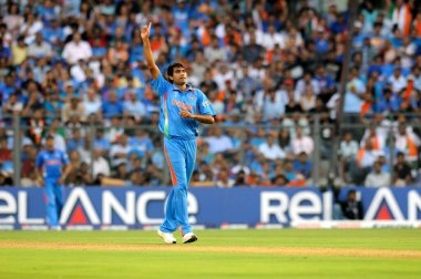 Indian bowler Munaf Patel appeals during ICC Cricket World Cup finals against Sri Lanka being played at the Wankhede stadium in Mumbai on April 02 2011 clipart