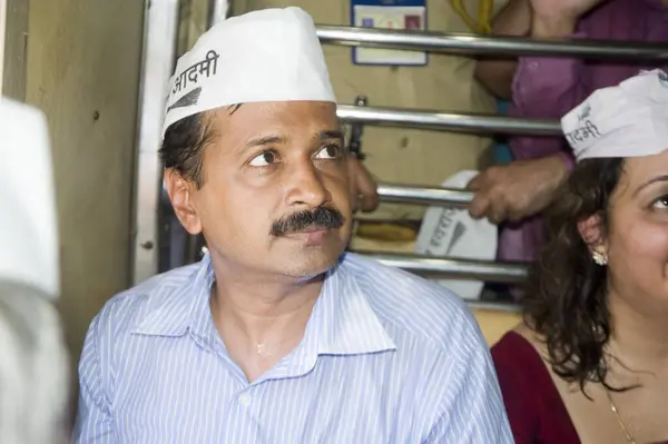 stock image Aam Aadmi Party chief Arvind Kejriwal in local train at mumbai Maharashtra India Asia 