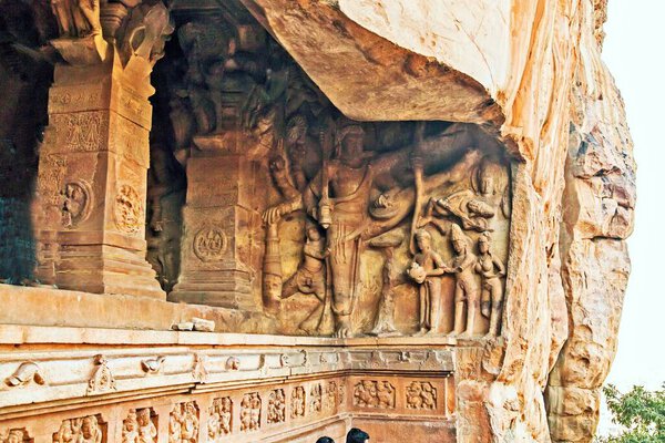 Brahma, Indra, Varuna, Kubera and Kartikeya relief sculptures, Rock cut cave temple, Badami, Bagalkot, Karnataka, India