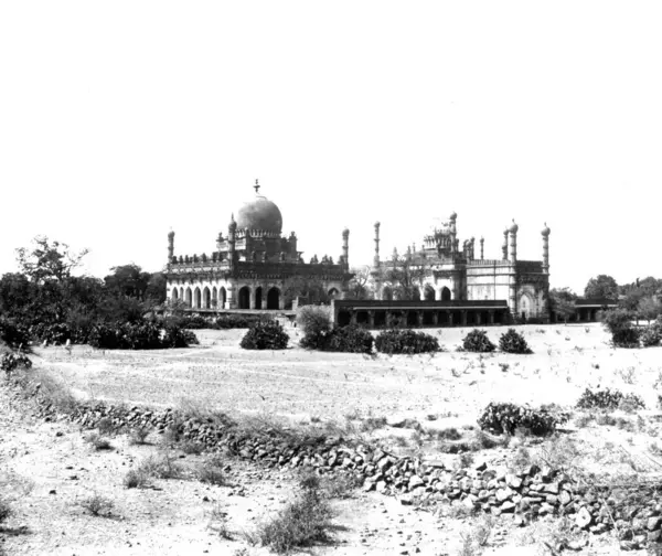 stock image old vintage lantern slide of Ibrahim Rauza Masjid, bijapur, Karnataka, India, Asia