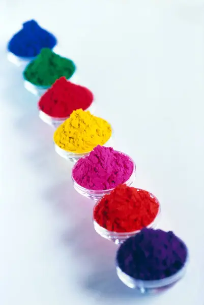 Stock image Variety of bright color powders for Holi Festival, India 