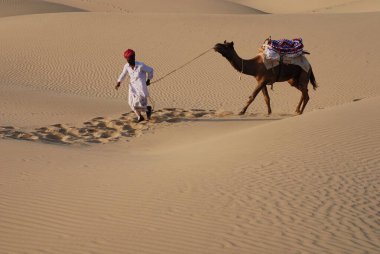 Man with camel crossing sand dune, Khuri, Jaisalmer, Rajasthan, India  clipart