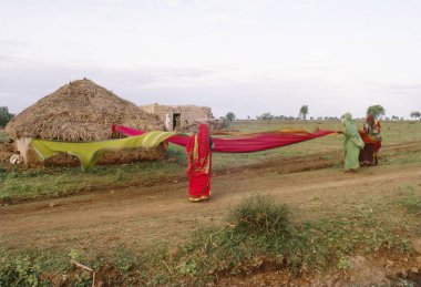 Pandharpur yatra, elbiselerini kurutan kadınlar, pandharpur, maharashtra, Hindistan 