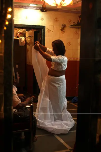 stock image Eunuch wearing white sari as mark of widowhood after wedding of eunuchs on occasion of Bewa Purnima at Ghatkopar ; Bombay now Mumbai ; Maharashtra ; India