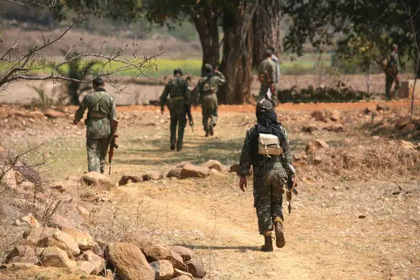 stock image Central Reserve Police Force CRPF soldiers with gun hunt for naxalites in forest of Jharkhand ; India