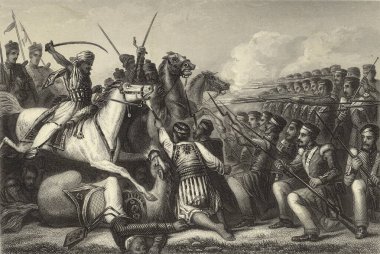 Minyatür Boyama, İsyancı süvariler 1857 'deki Kanpur İsyan sahnesinde bir piyade meydanına saldırıyor.