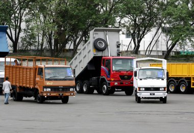 Matadorlar gibi çeşitli ticari ürünler Tata Motor fabrikasında park etmiş kamyonlar, Pune yakınlarındaki Pimpri, Maharashtra, Hindistan 