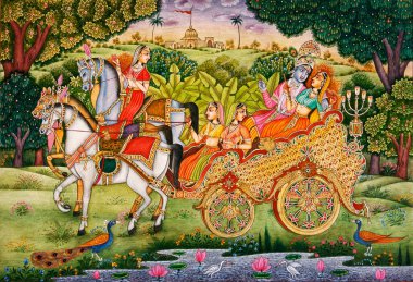 Tanrı Krishna ve Radha kağıt üzerinde minyatür resim