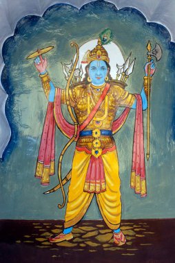 Krishnavtar ya da Tanrı Vishnu 'nun sekizinci enkarnasyonu Parvati, Pune, Maharashtra, Hindistan' daki Vishnu Narayan tapınağının duvarına renklerle boyanmış.