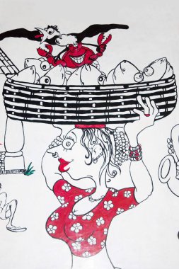 Mario Miranda, Goa, Hindistan, Asya 'dan balık sepeti taşıyan kadın duvar resmi