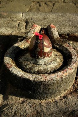 Hinduizm, küçük Shivalingam kırmızı çiçekli, Narmada nehrinin kıyısında, Maheshwar, Madhya Pradesh, Hindistan 
