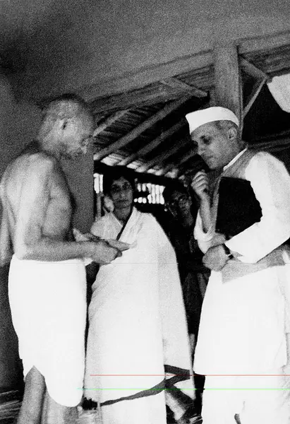 stock image Mahatma Gandhi with Jawaharlal Nehru and Rajkumari Amrit Kaur at Sevagram Ashram, 1940   