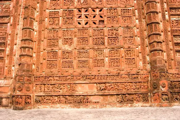 stock image Jor bangla known Kestoray temple built 1655 on wall depict exquisite elaborate scenes of epics built by Malla King Raghunath Singha, Bishnupur, West Bengal, India 