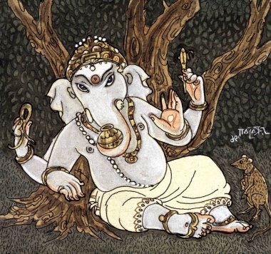 Ganesha, hindu inancı, hindu, hinduizm, sanat, sanatçı S. Rajam, himalaya akademi sanatı, ganesh, gri ganesh, mushika