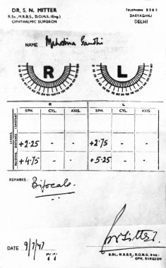 Mahatma Gandhi 'nin göz testi raporu, 9 Temmuz 1947  