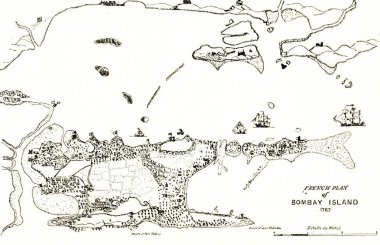 Bombay haritası, Bombay adasının Fransız planı 1767, Mumbai, Maharashtra, Hindistan 