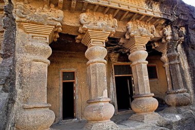 Pillars of cave temple hinyana pandav caves first century BC to second century AD ; Satavahana ; Nasik ; Maharashtra ; India clipart