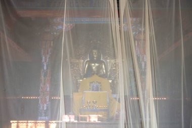 Golden color Buddha idol behind silk curtain, Tibetan temple, Norbulinka Monastery, Dharmshala, Himachal Pradesh, India  clipart