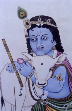 Tanrı Bal Krishna, minyatür bir inekle kağıt üzerinde resim yapıyor.
