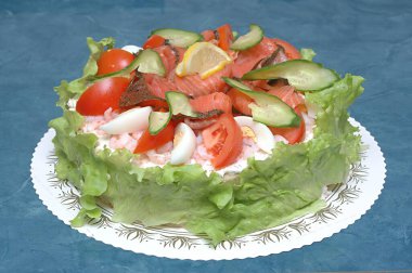 Food, Smorgastarta Smoked salmon and prawns ,Sandwich cake, Traditional national item from Sweden, made of four layers of Bread filled with a mixture of crab fish and mayonnaise. Decorated on the sides with salad leaves and on top with tomatoes, boil clipart