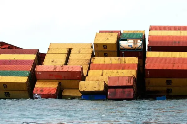 Container ship chitra tilted dangerously colliding in sea ; Bombay Mumbai ; Maharashtra ; India 9-August-2010