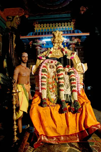 stock image Decorated Urchava deity Subrahmanya Swami and Deivanai Devasena on Vaikasi Visakam day ; Tirupparankundram ; Tamil Nadu ; India