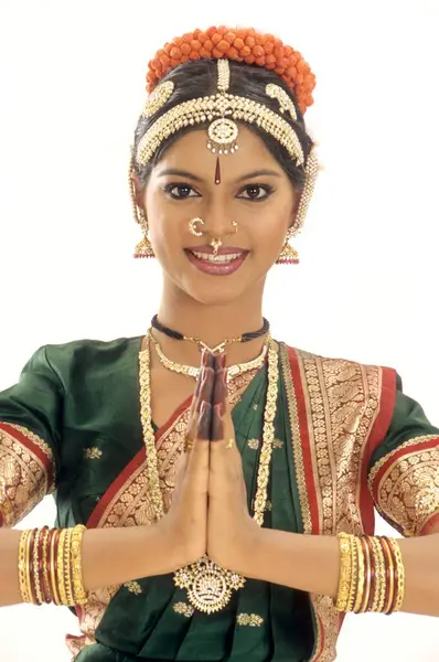 stock image Bharatnatyam, woman performing classical dance of india showing emotion Welcome, india  