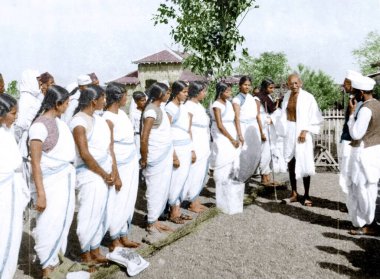 Mahatma Gandhi with Jamnalal Bajaj Mahila Ashram students, Wardha, Maharashtra, India, Asia, 1941  clipart