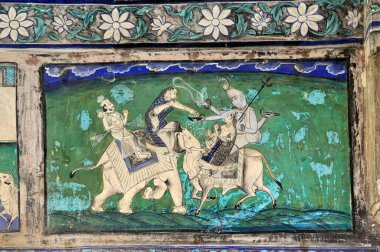 Shankar ve İndra tanrısının Hint Asya 'sındaki Chitrasala Mahal Bundi Rajasthan tablosu