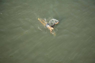 Genç bir çocuk nehirde yüzüyor, Kerala, Hindistan 