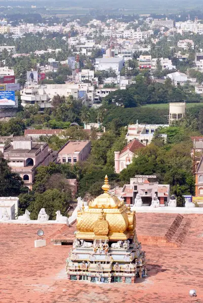 stock image Aerial view of gold plated top and mythological deities on Vimanam of Shri Thayumanaswami temple dedicated to lord Shiva at Tiruchirappalli ; Trichy ; Tamil Nadu ; India