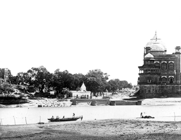 old vintage lantern slide of yamuna river, taj mahal, Agra, uttar pradesh, India, Asia