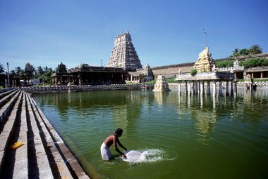 Varadarajaswami Tapınağı, Kanchipuram, Tamil Nadu, Hindistan 'da kutsal akvaryumda yıkanan adam.