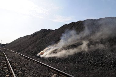 Enerji santralindeki kömür deposu Adani Power, Mundra, Kutch, Gujarat, Hindistan 
