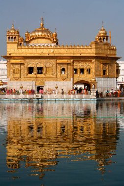 Harmandir Sahib ya da Darbar Sahib 'in görüntüsü ya da göldeki Altın Tapınak yansıması, Amritsar, Punjab, Hindistan 