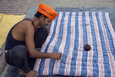 Mattress Maker Wearing Modi Cap Varanasi uttar pradesh India Asia   clipart