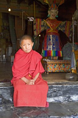 Genç Lama, Tikse Budist Manastırı, Ladakh, Jammu ve Kashmir 'in tapınak kapısında oturan kırmızı cüppeli. 