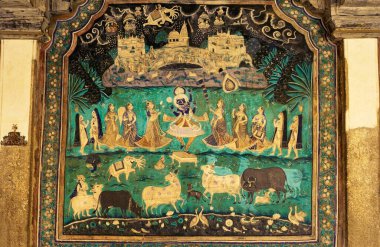 Krishna Holding Govardhan Dağı, Chitrashala Duvarında Minyatür Boya, Bundi, Rajasthan, Hindistan