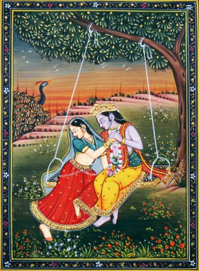 Radha Krishna kağıt üzerinde jhoola minyatür resminin keyfini çıkarıyor.