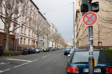 Street scene, urban residential area empty street and road sign, Frankfurt, Germany, Europe 