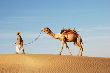 Khuhri 'nin kum tepesinde yürüyen develi adam Jaisalmer Rajasthan Hindistan 