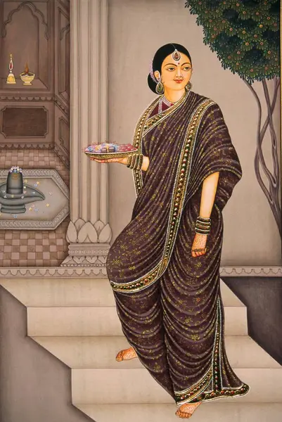stock image Marathi lady going to temple Miniature Painting on Paper