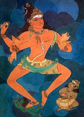 Hinduism , hindu art , himalayan academy art , religion , spirituality , artist S. Rajam , shiva , god , nataraja , shiva dances in front of an asura clipart