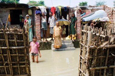 2008 yılında büyük oranda yoksulluk sınırının altında acı çeken Kosi nehri seli Purniya ilçesinde, Bihar 'da, Hindistan' da,