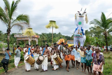 Kala kolam boğa motifinin Thrissur Bölgesi, Kerala, Hindistan 'da bulunan Chelakkara' da Anthimahakalan vela 'da geçit töreni. 