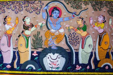 Traditional patta painting depicts Hindu god Krishna subduing Kaliya the multi-hooded snake ; Bhubaneshwar ; Orissa ; India clipart