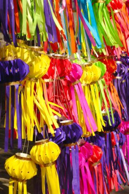 Small size colourful lanterns akashkandil hang outside shop for sell celebrating Diwali Deepawali festival ; Dadar ; Bombay Mumbai ; Maharashtra ; India clipart