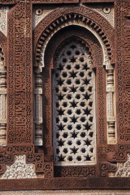 Taş oyulmuş jalliler ve kenarları, Kutub Minar, Delhi, Hindistan, Asya 