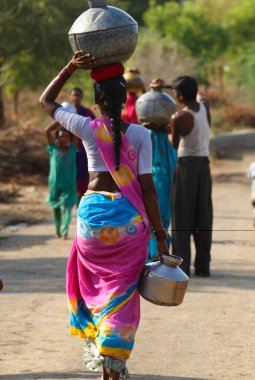 Marathwada, Maharashtra, Hindistan 'da su kabı taşıyan kırsal bir kadın.